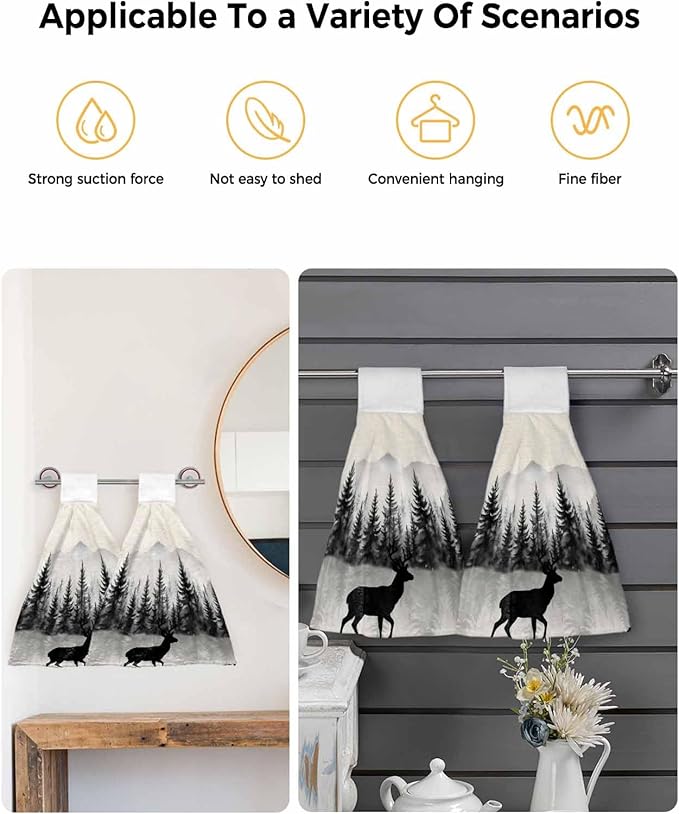 Alandar Home Kitchen Tie Towel Set of 2, Farmhouse Deer Sihouette Absorbent Soft Hand Towels for Bathroom Hanging Towels, Forest Tree Mountain on Linen Fast Drying Cleaning Cloth with Loop