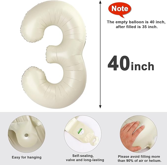 3 Balloon Numbers Birthday Decorations, Number Balloons 40 In for Women Men, Cream Birthday Party Decorations Big Balloons for 13 23 31 Wedding, Celebration Party, Graduations