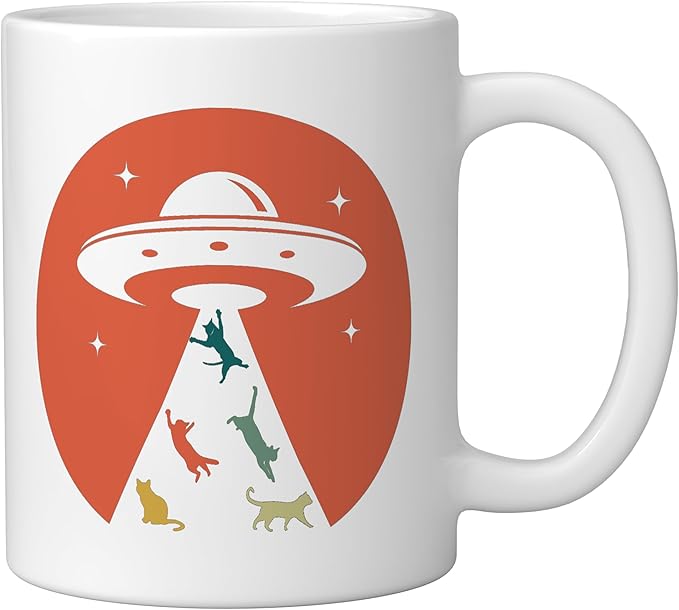 Cat UFO Funny Cat humor Kitten Owner UFO lover flying saucer Ceramic Mug, White