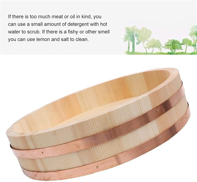 30cm/11.8Inch Wooden Sushi Rice Bowl - Home Kitchen Hangiri Sushi Oke Rice Mixing Tub with Copper Banding for Sushi Restaurant
