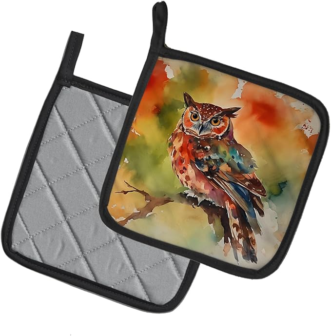 Caroline's Treasures Elf Owl Pair of Pot Holders Kitchen Heat Resistant Pot Holders Sets Oven Hot Pads for Cooking Baking BBQ, 7 1/2 x 7 1/2