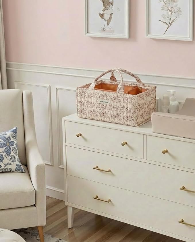 Quilted Fabric Storage Basket Floral Baby Diaper Caddy Quilted Basket Organizer for Newborn Nursery Bedroom Car Storage