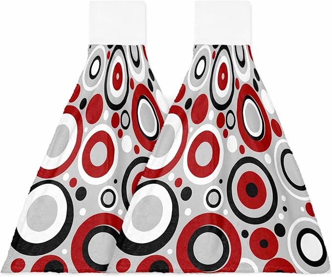 Alandar Home Kitchen Tie Towel Set of 2, Red White Black Circle on Gray Absorbent Soft Hand Towels for Bathroom Hanging Towels, Modern Geometric Art Fast Drying Cleaning Cloth with Loop
