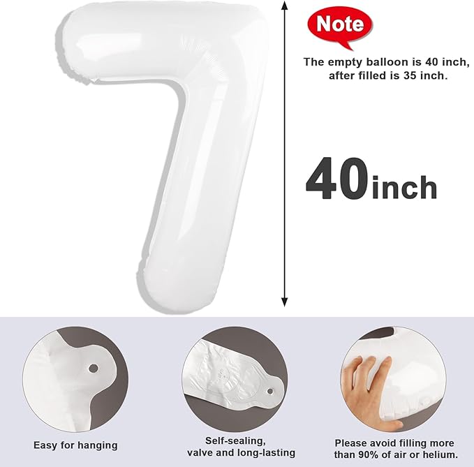 40 Inch Number 7 Balloon, 6 7 Birthday Decorations, White Seven Birthday Decor, 7 17 27 70 Year Old Balloon Number for Engagement, Wedding, Graduations