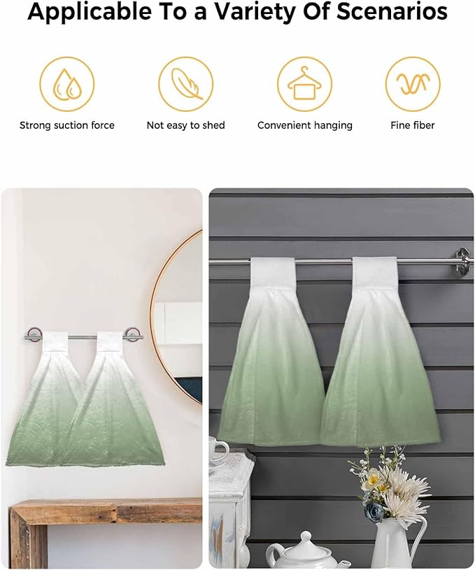 Alandar Home Kitchen Tie Towel Set of 2, Sage Green White Color Gradient Absorbent Soft Hand Towels for Bathroom Hanging Towels, Minimalist Ombre Art Fast Drying Cleaning Cloth with Loop