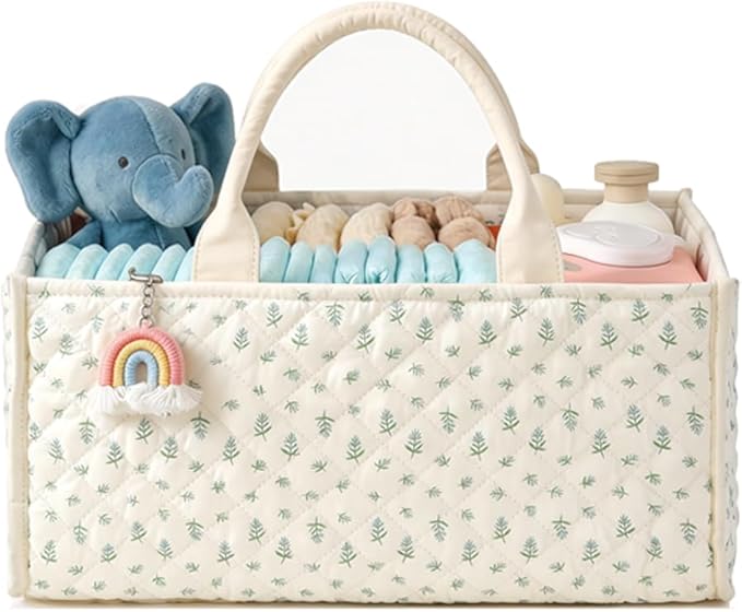 Quilted Fabric Storage Basket Floral Baby Diaper Caddy Quilted Basket for Nursery Bedroom Car Storage (L- Green)