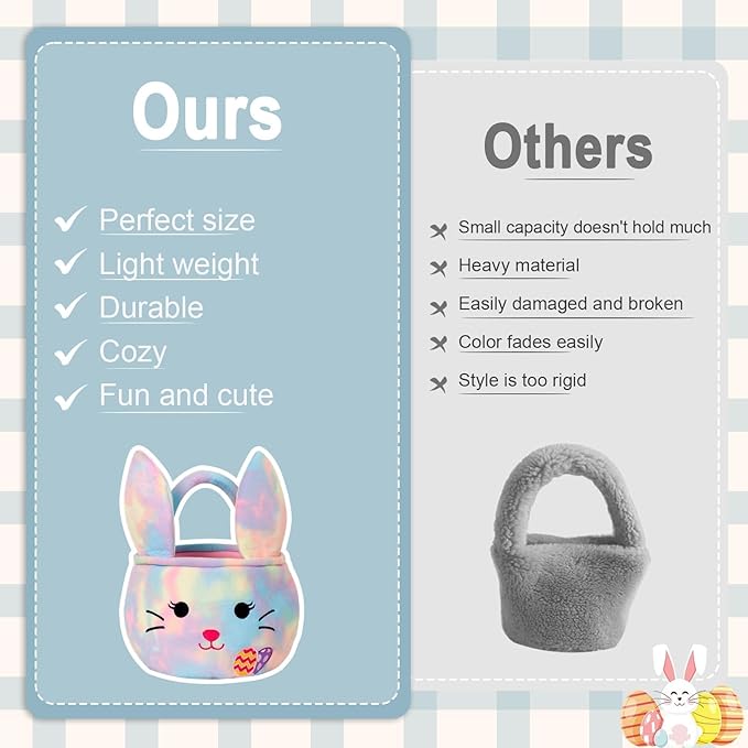 Easter Baskets for Kids,Plush Egg Hunting Easter Buckets with Handle Folded Ears, Gifts Boys Girls