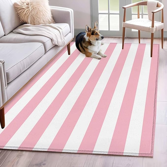 Area Rug 4x6ft, Pink White Stripe Washable Rugs for Living Room Bedroom, Classic Geometric Line Soft Non-Slip Area Rugs Rectangle Floor Carpet for Dining Room