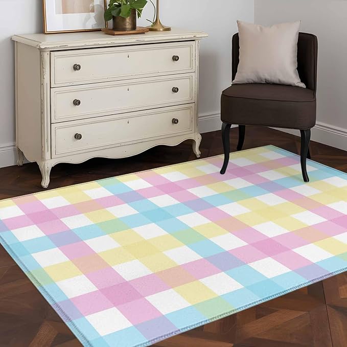 Area Rug 4x6ft, Spring Easter Colorful Lattice Washable Rugs for Living Room Bedroom, Minimalist Buffalo Checker Soft Non-Slip Area Rugs Rectangle Floor Carpet for Dining Room