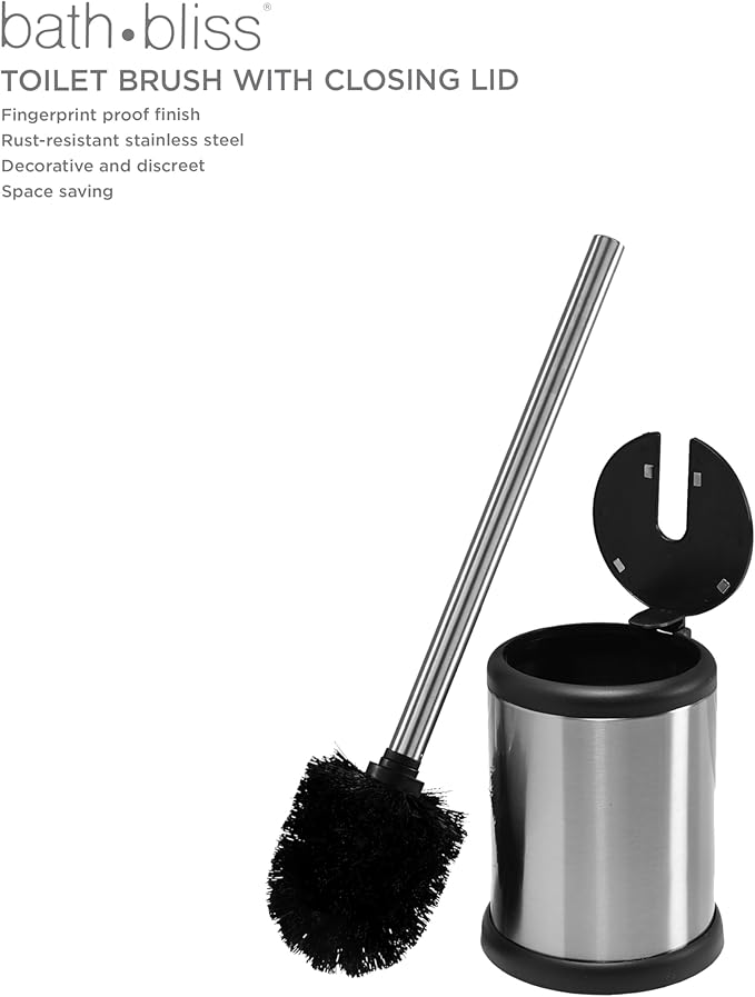 Bath Bliss Toilet Brush and Holder | Self Closing Lid | 360 Degree Brush Head | Bathroom Cleaning | Compact Size | Storage and Organization | Stainless Steel