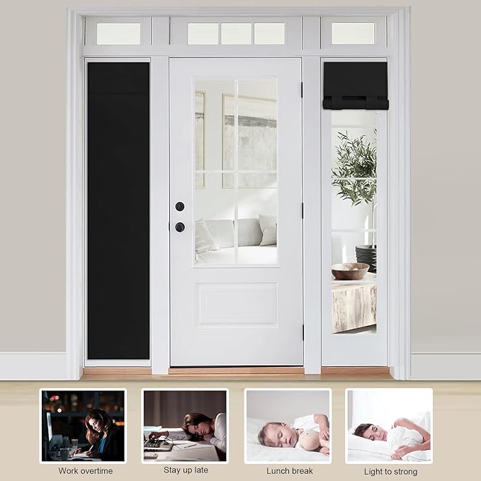 WdFour Door Curtains for Front Door & Window, Solid Color Sidelight Curtain with Tie Up Shade, 12W x70L Inches, Blackout Covering for Glass Doors,1Panel,Black.
