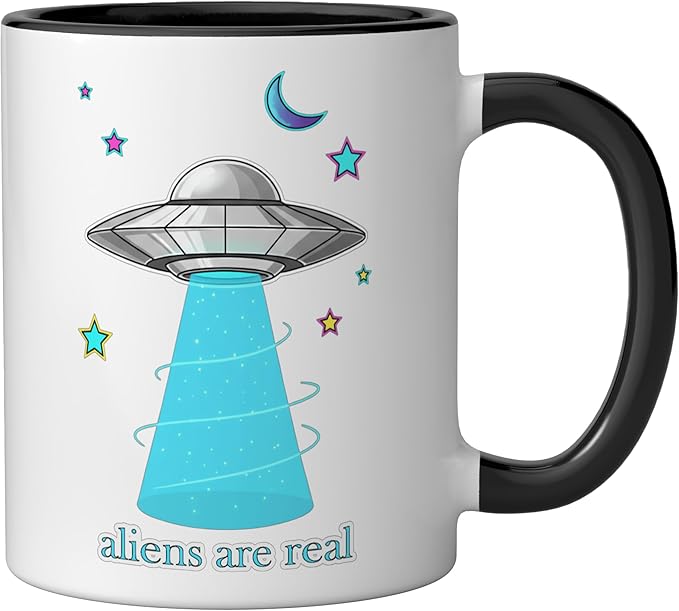 Aliens Are Real Retro UFO Flying Saucer Beam Space Ceramic Mug, Black/White