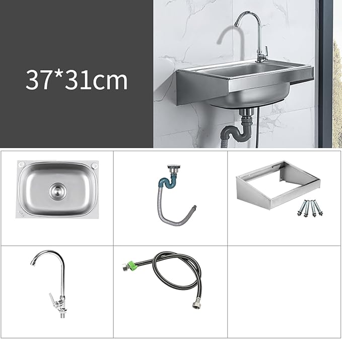 Wall Mounted Commercial Restaurant Sink, Utility Laundry Portable Handwashing Station, Stainless Steel Space Saver Hand Wash Sink with Faucet and Drain, Suitable for,37x31cm-Single cold water f