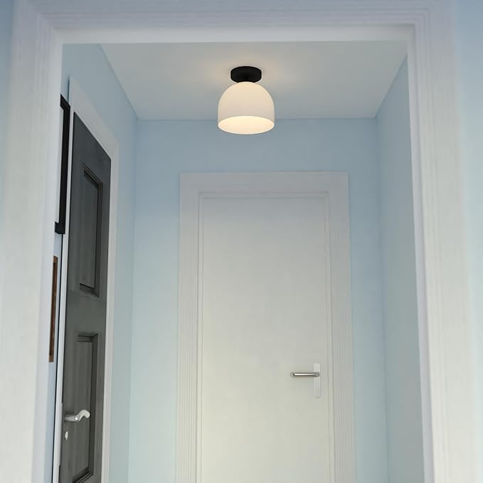 VAXCEL Shelby 1-Light 9.25 in. Wide Matte Black Transitional Dome Semi Flush Mount Lighting Fixture, Frosted White Opal Glass Shade, LED Compatible, for Low Ceilings, Bedroom, Hallway, Kitchen