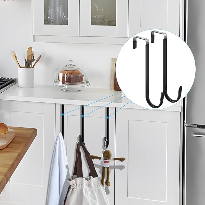 FYY Over the Door Hooks, 6 Pack Upgraded Long Door Hangers Hooks with Rubber Prevent Scratches Heavy Duty Organizer Hooks for Hanging Clothes, Towels, Hats, Coats, Bags Black