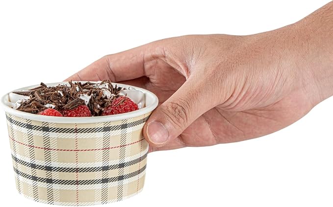 Restaurantware Coppetta 12 Ounce Dessert Cups, 200 Disposable Ice Cream Cups - Lids Sold Separately, Sturdy, Plaid Paper FroYo Bowls, For Hot And Cold Foods, Perfect For Gelato Or Mousse