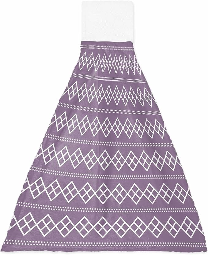 Alandar Home Kitchen Tie Towel Set of 1, Geometric White Purple Square Dot Absorbent Soft Hand Towels for Bathroom Hanging Towels, Modern Abstract Check Texture Fast Drying Cleaning Cloth with Loop