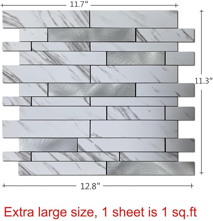 10-Sheet Peel and Stick Backsplash Tile, PVC Mixed Meta,l Stick on Kitchen, Bathroom Vanities, Fireplace Décor, Laundry Table(11.7" X 11.3") (White+Silver)