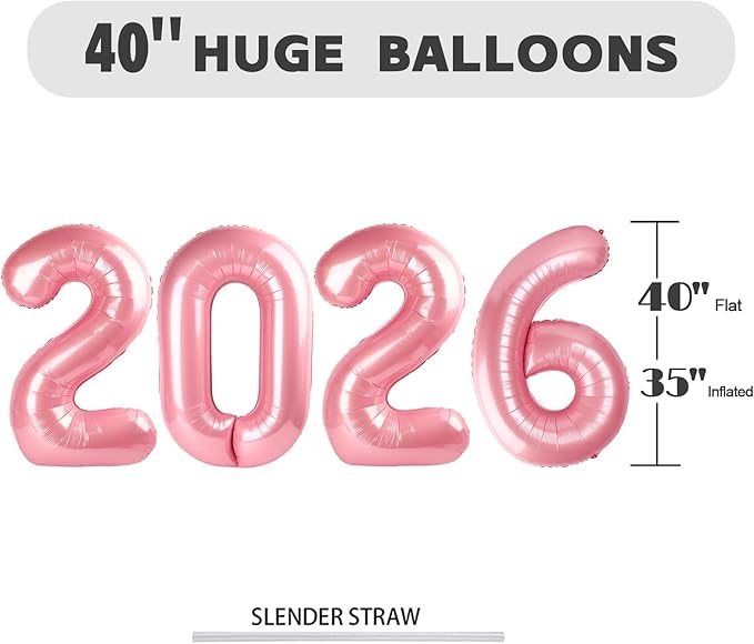 2026 Balloon Pearl Pink Happy New Years Eve Party Decoration, 40 Inch Number Balloons for 26 20 Wedding Anniversaries Singles Party, Girls and Boys