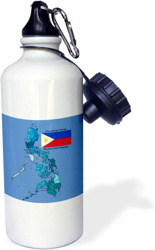 3dRose "Flag and map of the Republic of the Philippines with all regions colored and labeled" Sports Water Bottle, 21 oz, White