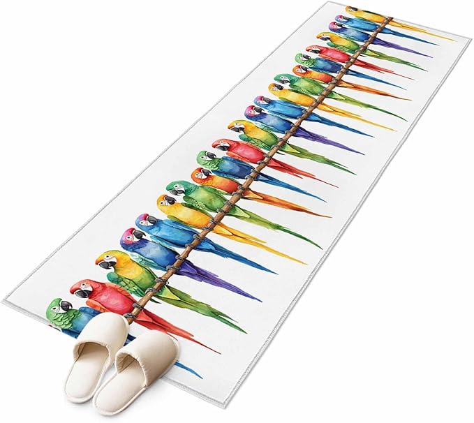 Runner Rug for Bedroom Hallway, Funny Watercolor Parrot Kitchen Runner Rugs Area Rug 2x6ft, Red Green Blue Gradient Bird Washable Soft Floor Carpet for Entryway Stair
