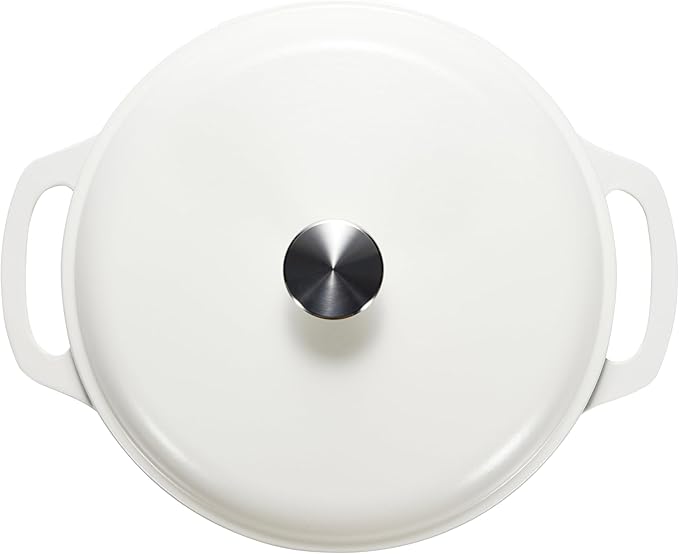 Amazon Basics Enameled Cast Iron Dutch Oven Pot with Lid, Round, Dual Handles, Heavy-Duty, Oven Safe for Stews, Roasting, Baking, 7.3-Quart, Matte White