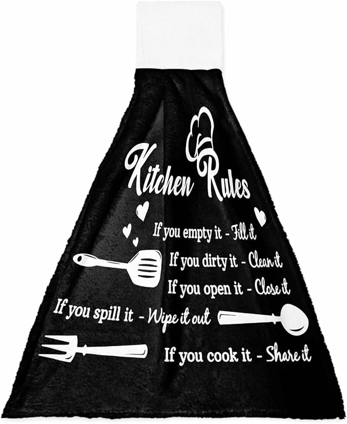 Alandar Home Kitchen Tie Towel Set of 1, Kitchen Rules Black and White Absorbent Soft Hand Towels for Bathroom Hanging Towels, Kitchens Utensils Appliances Fast Drying Cleaning Cloth with Loop