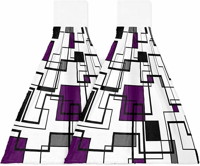 Alandar Home Kitchen Tie Towel Set of 2, Abstract Geometric Lines Art Absorbent Soft Hand Towels for Bathroom Hanging Towels, Purple Black Color Block Fast Drying Cleaning Cloth with Loop