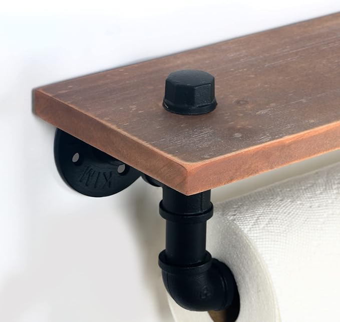 HouseAid Industrial Pipe Paper Towel Holder with Shelf, Rustic Farmhouse Paper Towel Rack for Bathroom, Kitchen, Wall Mounted, Matte Black