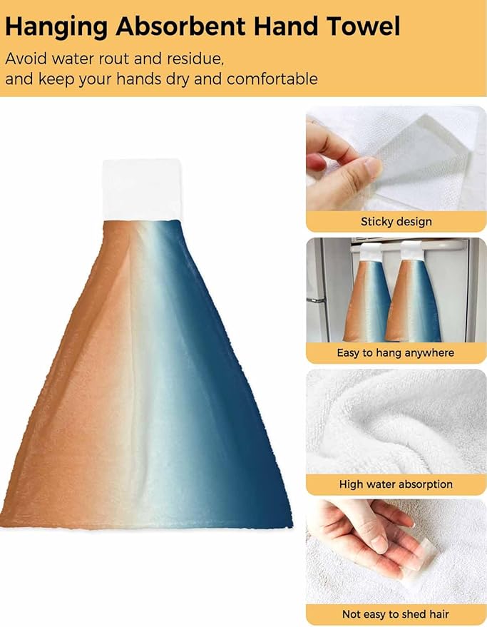 Alandar Home Kitchen Tie Towel Set of 2, Gradient Orange Blue Watercolor Absorbent Soft Hand Towels for Bathroom Hanging Towels, Modern Abstract Style Fast Drying Cleaning Cloth with Loop