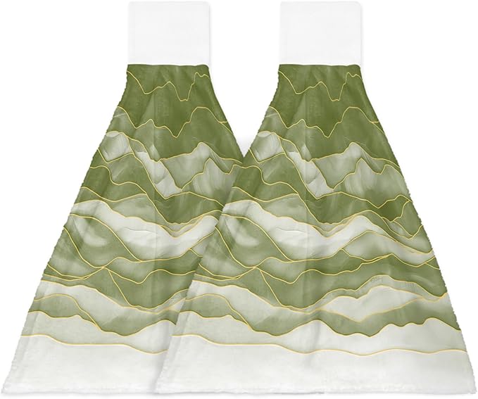 Alandar Home Kitchen Tie Towel Set of 2, Sage Green Waves Watercolor Gradients Absorbent Soft Hand Towels for Bathroom Hanging Towels, Abstract Geometric Fast Drying Cleaning Cloth with Loop
