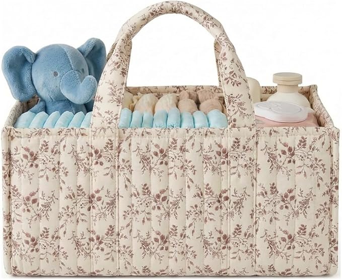 Quilted Fabric Storage Basket Floral Baby Diaper Caddy Quilted Basket Organizer for Newborn Nursery Bedroom Car Storage