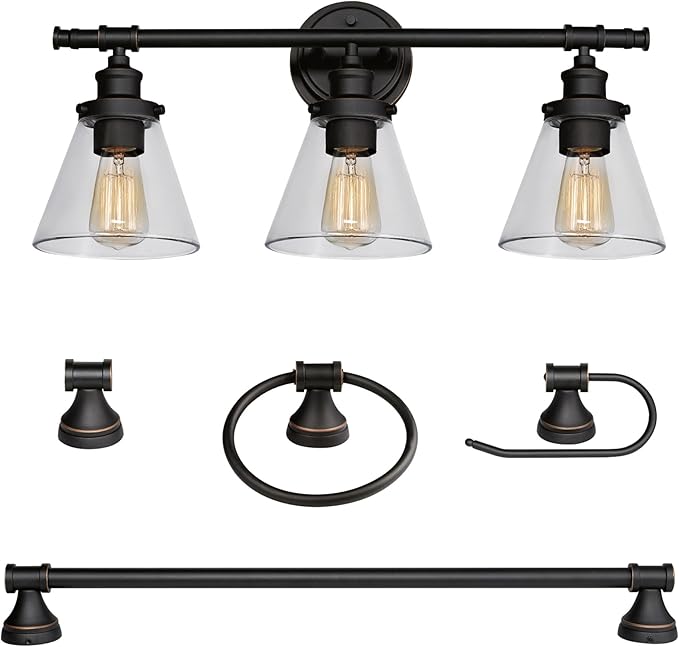 Globe Electric 50192 Parker 5-Piece All-In-One Bathroom Set, Oil Rubbed Bronze, 3-Light Vanity Light with Clear Glass Shades, Towel Bar, Towel Ring, Robe Hook, Toilet Paper Holder, Oil-rubbed Bronze