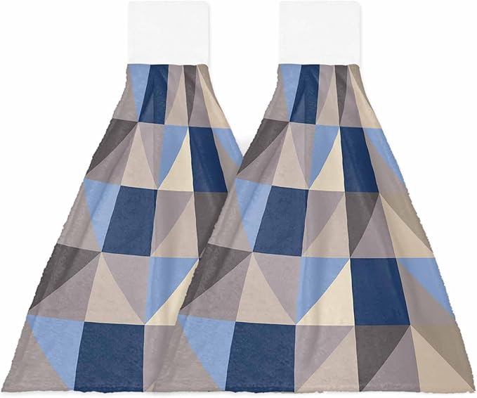 Alandar Home Kitchen Tie Towel Set of 2, Splicing Geometric Art Absorbent Soft Hand Towels for Bathroom Hanging Towels, Blue Grey Khaki Triangle and Square Fast Drying Cleaning Cloth with Loop