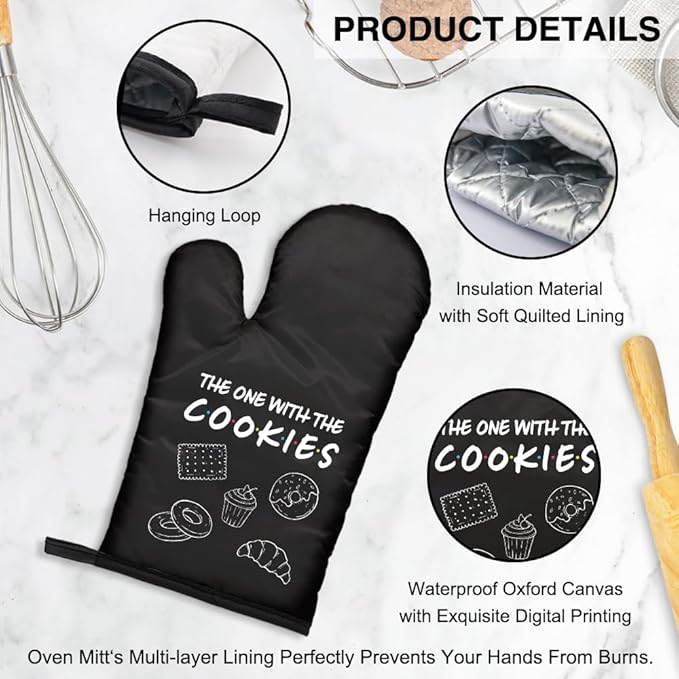 Kitchen Exclusive Oven Mitts and Pot Holder Set, Protective Kitchen Mitts for Grill Lover, Cooking Gifts for Men Women Chef, Birthday Gifts for Dessert Lovers Friend (Cookies)