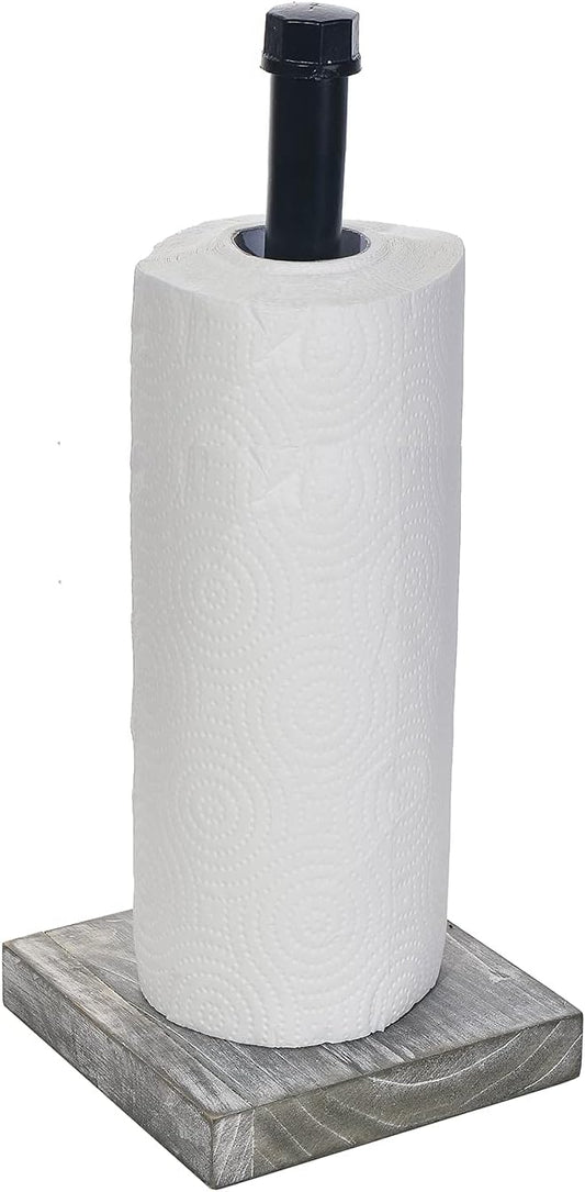 Rustic Industrial Iron Pipe Design Paper Towel Holder with Solid Wood Base Farmhouse Paper Towel Roll Dispenser for Kitchen Bathroom Livingroom Office (GreyWhite)