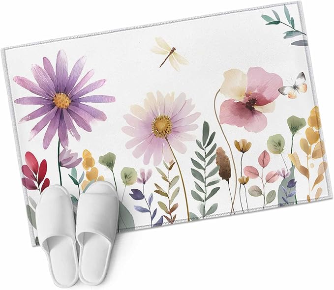 Area Rug 2x3ft, Country Field Purple Flowers Washable Rugs for Living Room Bedroom, Farm Floral Art Soft Non-Slip Area Rugs Rectangle Floor Carpet for Dining Room