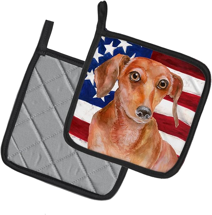 Caroline's Treasures BB9707PTHD Red Dachshund Patriotic Pair of Pot Holders Kitchen Heat Resistant Pot Holders Sets Oven Hot Pads for Cooking Baking BBQ, 7 1/2 x 7 1/2