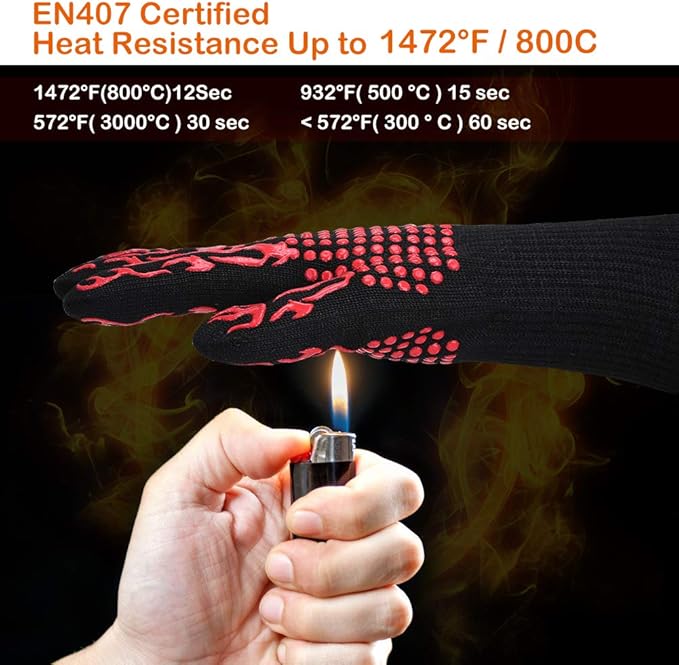 BBQ Grill Gloves, 1472°F Extreme Heat Resistant Grilling Gloves Non-Slip Oven Mitts Potholder, Perfect for Barbecue, Cooking, Baking, Fireplace, Smoker - 1 Pair (Red)
