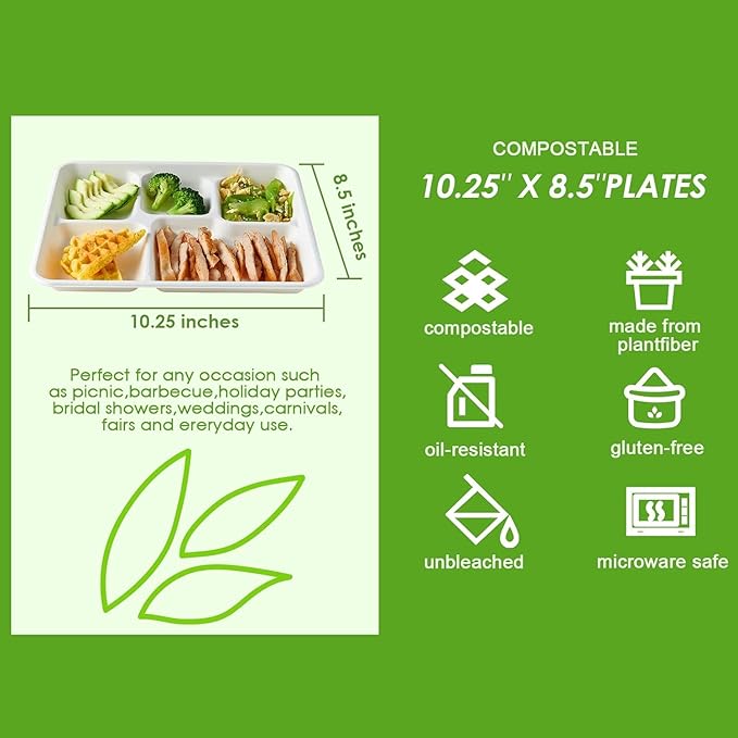100 Pack - 100% Non Plastics 5 Compartment Paper Plates, Disposable School Lunch Trays, Eco-Friendly Bagasse Plates for School Lunch, Buffet, and Party