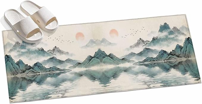 Runner Rug for Bedroom Hallway, Chinese Zen Landscape Ombre Kitchen Runner Rugs Area Rug 2x6ft, Abstract Mountain Lake Washable Soft Floor Carpet for Entryway Stair