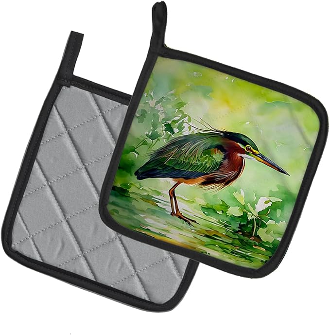 Caroline's Treasures Green Heron Pair of Pot Holders Kitchen Heat Resistant Pot Holders Sets Oven Hot Pads for Cooking Baking BBQ, 7 1/2 x 7 1/2