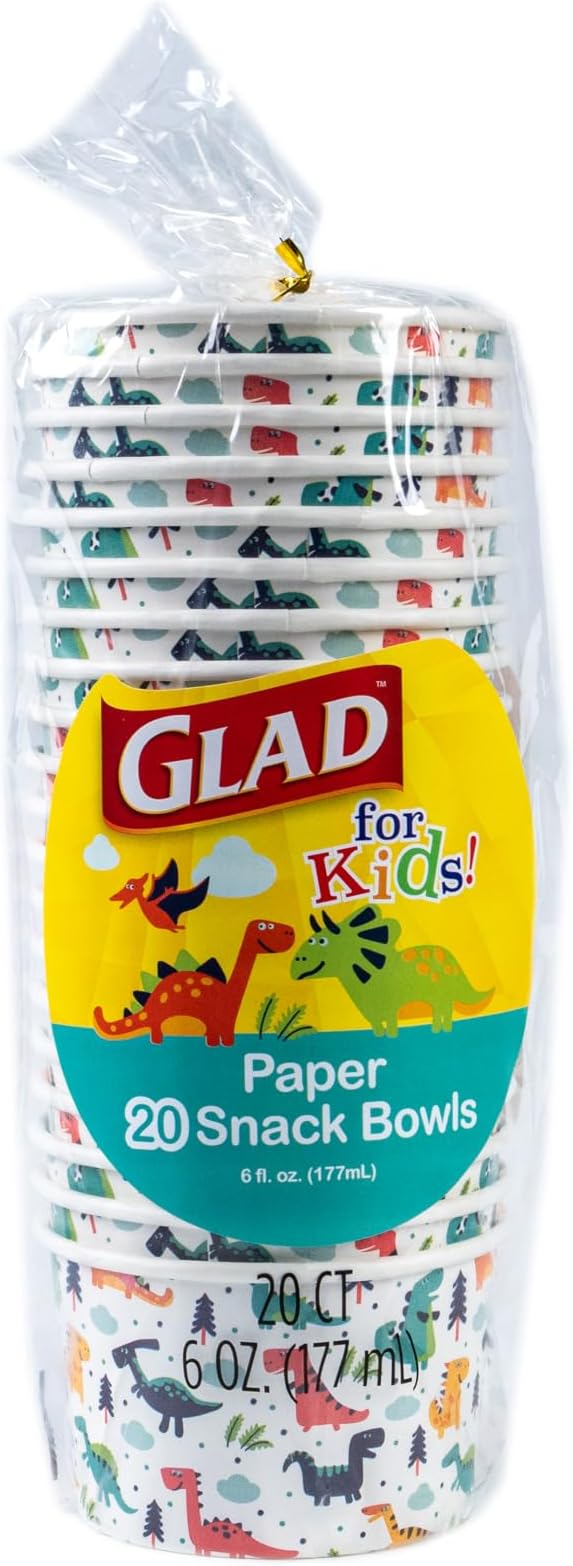 Glad for Kids Mini Dinosaurs Paper Snack Bowls, Colorful Heavy Duty Microwave Safe Disposable Bowls for Soup, Ice Cream, and Snacks, Lids Not Included, Multicolor, Party Pack, 6 Oz, 20 Count - 10 Pack