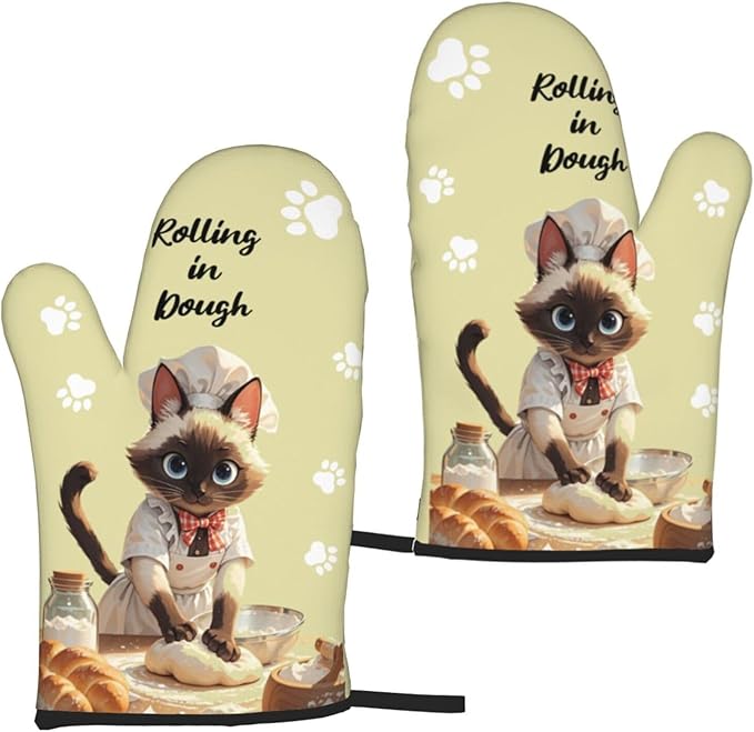 Wyayzh Funny Cat Chef Oven Mitts of 2-Pack Set, Rolling in Dough Kitchen Gloves Heat Resistant Non-Slip Kitchen Mitts Safe Cooking Baking Grilling