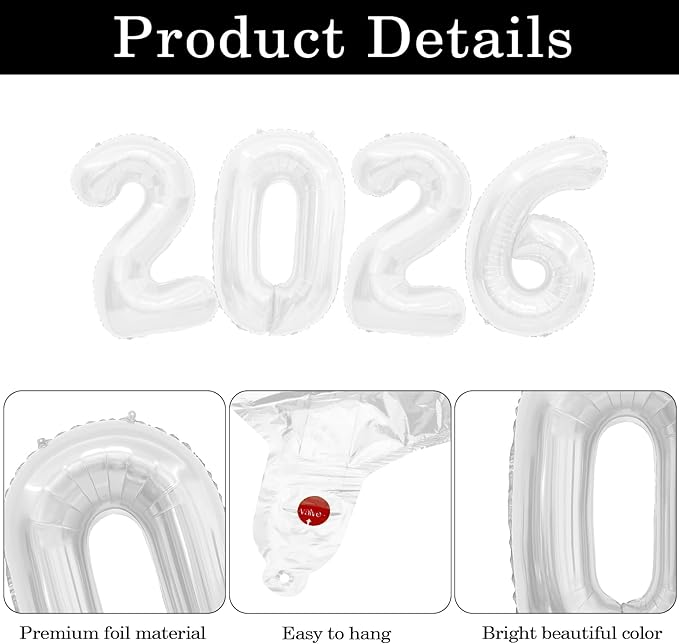 White 2026 Balloons, 2026 Number Balloons, 40 Inch Large Foil Graduation Balloon 2026 Numbers for Graduation Decorations Class of 2026, Props, Birthday, Anniversary, New Year Eve Party Decoration