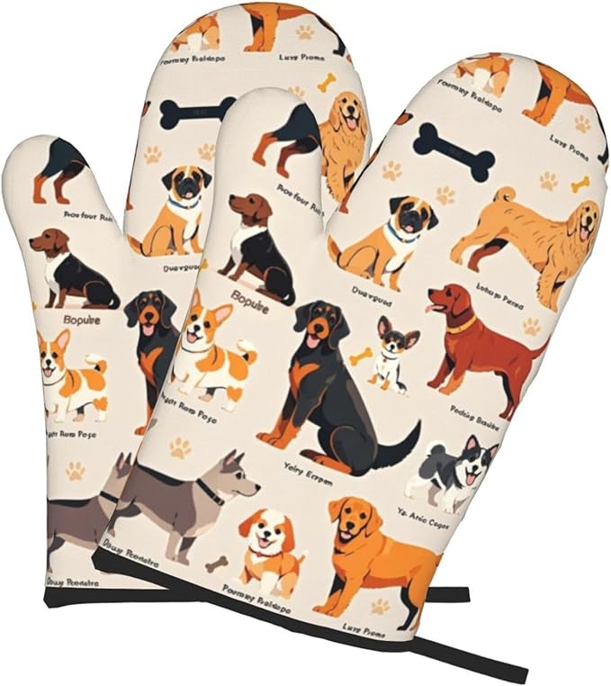 Dogs Design Oven Mitts of 2-Pack, Funny Kitchen Gloves Heat Resistant Non-Slip Kitchen Mitts Safe Cooking Baking Grilling