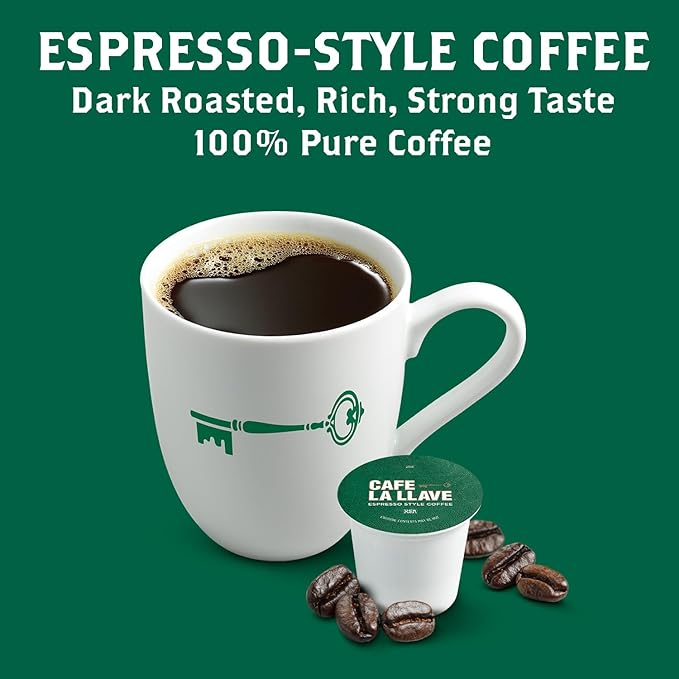 Cafe La Llave 72 Count Dark Roast Coffee Pods, Espresso Style, Compatible with Keurig Brewers, Single Serve Rich Bold Flavor