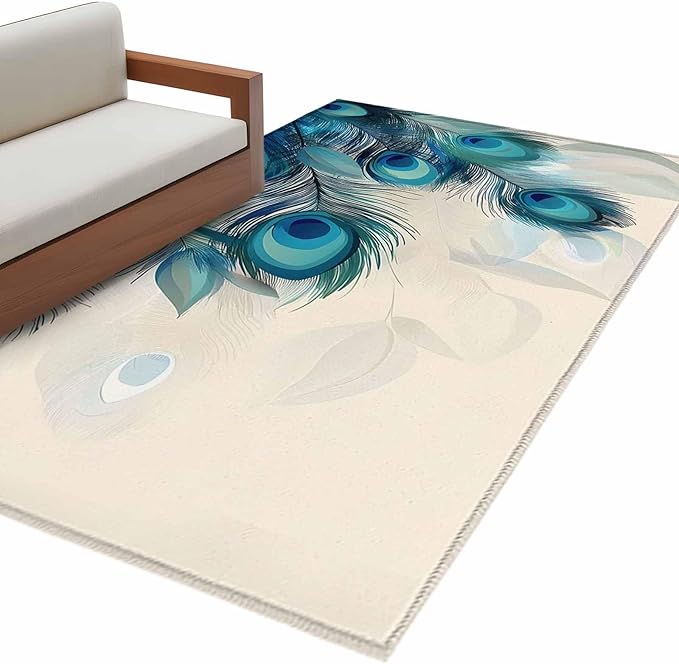 Area Rug 3x5ft, Abstract Animal Art Peacock Feather Washable Rugs for Living Room Bedroom, Watercolor Blue Eyes Beige Soft Non-Slip Area Rugs Rectangle Floor Carpet for Dining Room