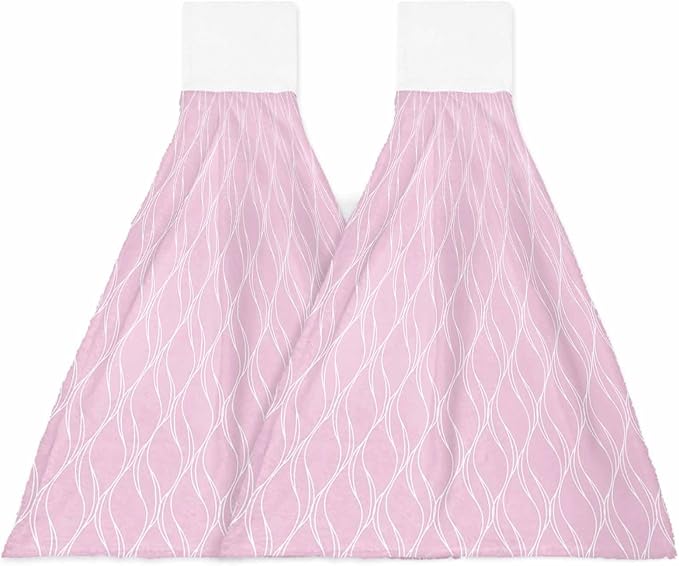 Alandar Home Kitchen Tie Towel Set of 2, Abstract Long Waves on Pink Absorbent Soft Hand Towels for Bathroom Hanging Towels, Modern Geometric Art Fast Drying Cleaning Cloth with Loop