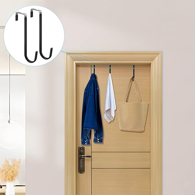 FYY Over the Door Hooks, 6 Pack Upgraded Long Door Hangers Hooks with Rubber Prevent Scratches Heavy Duty Organizer Hooks for Hanging Clothes, Towels, Hats, Coats, Bags Black